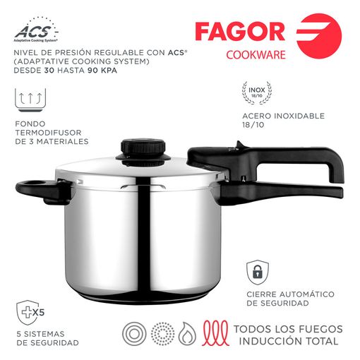 Olla Presión 8 Litros, Inducción, Express, Acero Inox. 18/10 Todas Cocinas,  Fondo Termodifusor, FAGOR, Plata, , Clásica Bombe 8