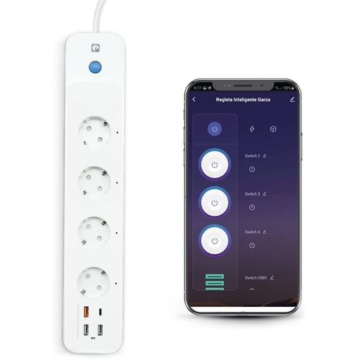 Garza Smart - Regleta Wifi Inteligente con interruptor, 4 tomas, 2 USBs  tipo A, USB C y USB 3.0 Carga Rápida PD20W/QC3.0, WiFi 2.4GHz, Programable,  Medidor Consumo, Control por app y voz, Alexa/Google