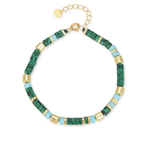 Pulsera Ihun De Plata De Ley 925 Y Malaquita Acabado En Baño De Oro Amarillo De 18 Quilates