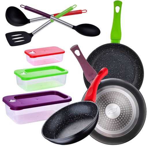 Juego de 2 sartenes 20-24cm + set de 3 utensilios de cocina san