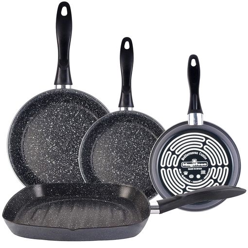 3 Sartenes Con 1 Asador Acero Esmaltado Magefesa K2 Gransasso Gris