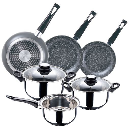 Set 5pc sartenes (con tapa) aluminio prensado inducción con Set 3 pc  utensilios cocina acero inoxidable