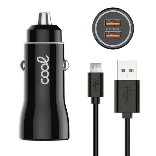 Cargador Coche Cable MicroUsb (2 x Usb) 2.4A Kit 2 en 1 Negro