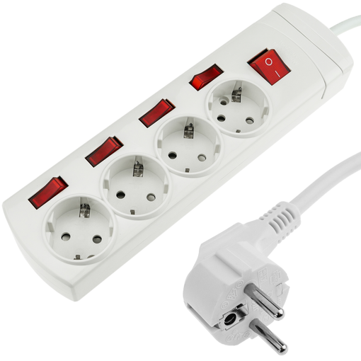 Regleta multiusos 4 vías schuko + 10 / 16a con interruptor de cable de 1m y  enchufe 16a