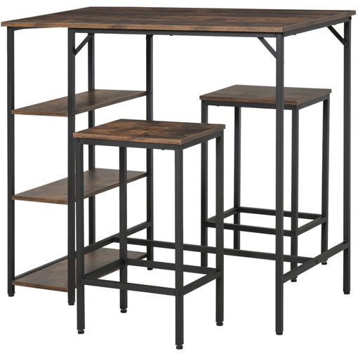 Conjunto de cocina Homcom mesa alta con estantes+2 taburetes negro/ marrón  rústico