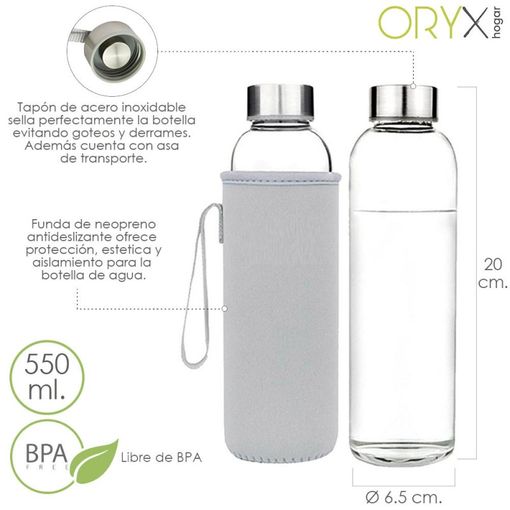 Botella Agua De Cristal Con Funda Goma Y Tapon Antigotas 500 Ml. con  Ofertas en Carrefour
