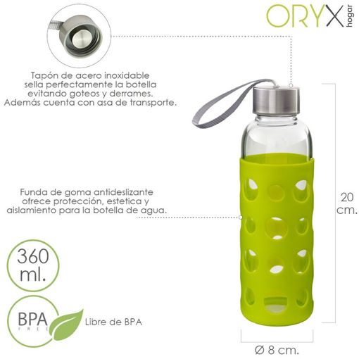 Botella Agua De Cristal Con Funda Goma Y Tapon Antigotas 360 Ml. con  Ofertas en Carrefour
