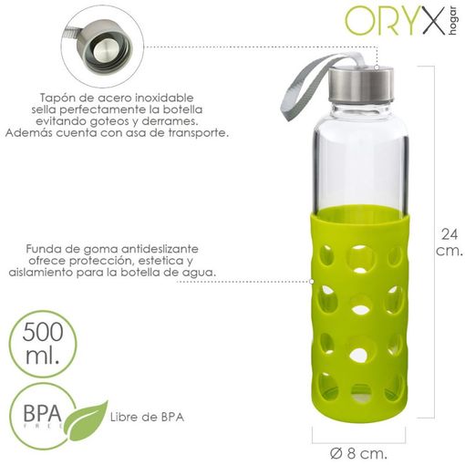 Botella Agua De Cristal Con Funda Goma Y Tapon Antigotas 500 Ml. con  Ofertas en Carrefour