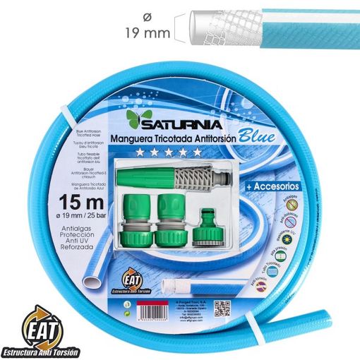 Manguera Tricotada No Torsion Blue Ø 19 Mm. Rollo 15 Metros. Con Accesorios, Manguera Anti Torsion, Manguera Sin Dobleces,