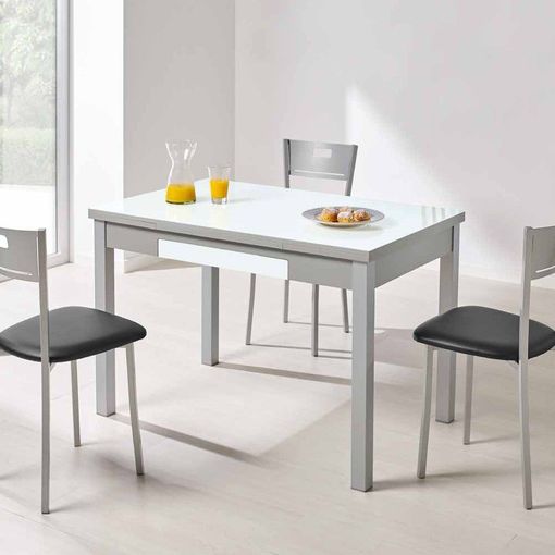 Mesa De Cocina Extensible Con Cajón Cristal Blanco Óptico, Patas