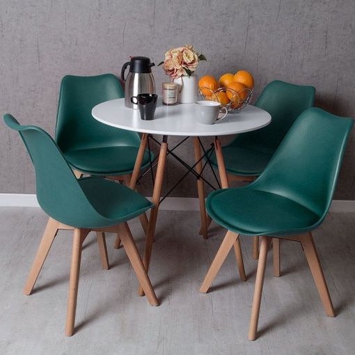 Conjunto Mesa Tower Redonda 80 Cm Blanca Tensores Y Pack 4 Sillas Synk Basic - Verde Azulado