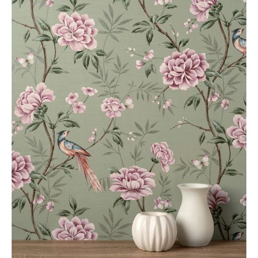 PAPEL PINTADO PÁJAROS Y FLORES GRIS - Decoración Habitación Infantil