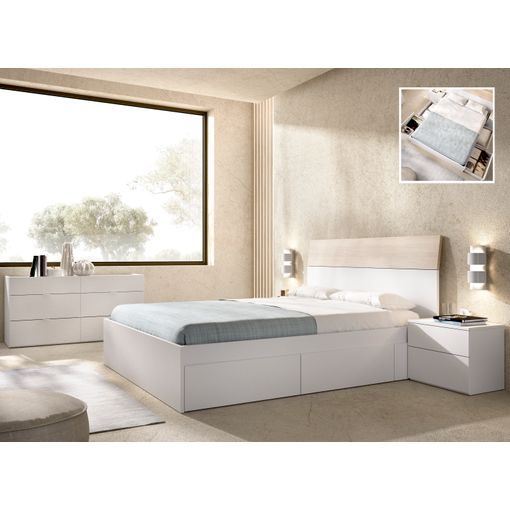 Pack Dormitorio de Matrimonio Completo Estilo Moderno en Color Blanco y  Roble Cama 150 cm (Cama+cabecero+mesitas+cómoda)