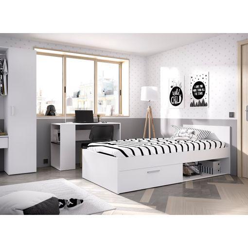 Dormitorio juvenil de color blanco con cama compacta.