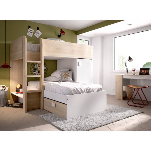 Cama Tren con Mueble Armario y 2 Cajones Modelo Groe Artic y Aguamarina.