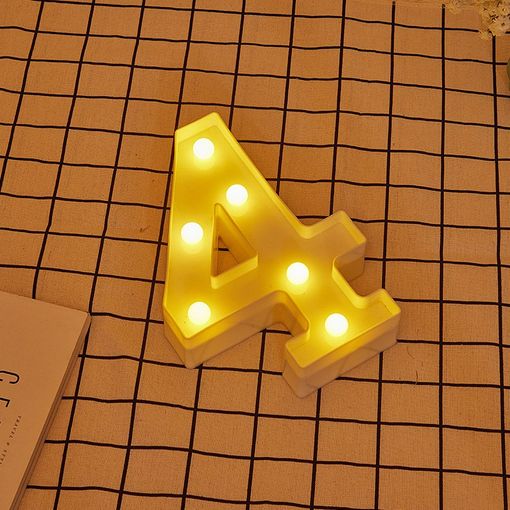 Letra LED 4 Número Iluminado con Luz Blanca Cálida, Altura 22cm,  Funcionamiento a Pilas 2*AA