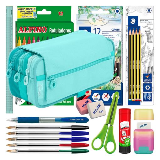 Colepack Blush - Estuche Triple De 3 Cremalleras Y Material Escolar Incluido. Verde