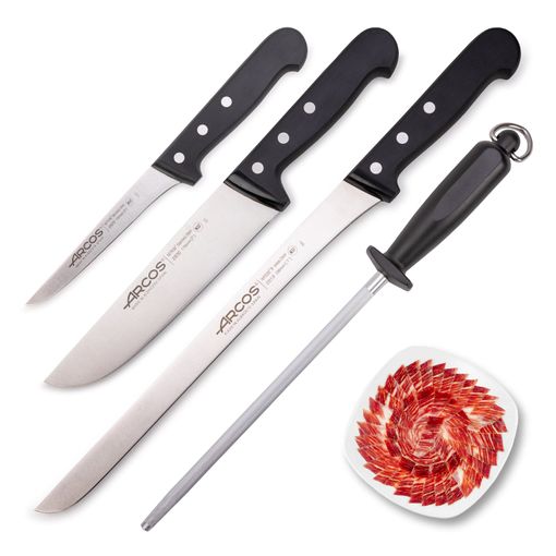 Set de Cuchillos Jamoneros – Bolsa Porta Cuchillos, Cuchillo Jamonero,  Deshuesador, Puntilla, Chaira, Pinza, Delantal y Cubre Jamón - Set  Profesional para Corte de Jamón Serrano e Ibérico : : Hogar y  cocina