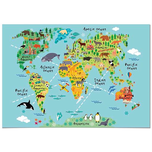 Panorama® Póster Infantil Para Habitación Mapa Mundi Niños Animal 50x35cm, Impreso Papel 250g, Láminas Para Enmarcar, Cuadros Infantiles, Cuadros  Para Habitación Bebés