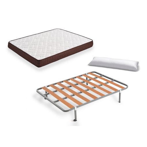 Cama Completa - Colchón Viscobrown Reversible + Somier Basic + 4 Patas + Almohada Fibra, 90x200
