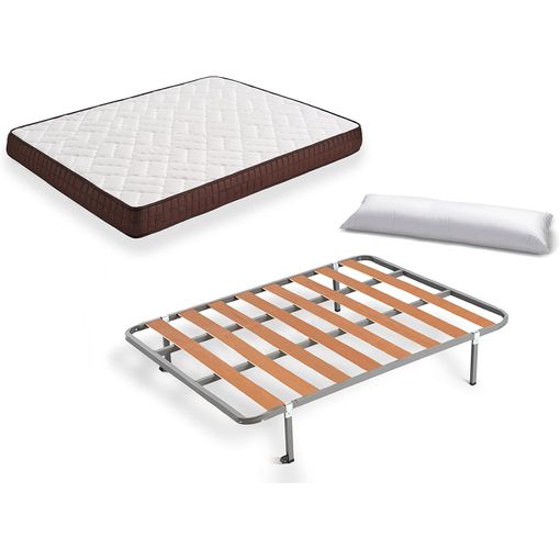 Cama Completa - Colchón Viscobrown Reversible + Somier Basic + 4 Patas + Almohada Fibra, 140x200