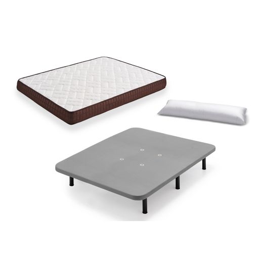 Cama Completa - Colchón Viscobrown Reversible + Base Tapizada 3d Con 5 Barras Transversales Color Gris + 6 Patas De 32cm + Almohada De Fibra, 90x190 Cm