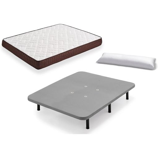 Cama Completa - Colchón Viscobrown Reversible + Base Tapizada 3d Con 5 Barras Transversales Color Gris + 7 Patas De 32cm + Almohada De Fibra, 150x200 Cm