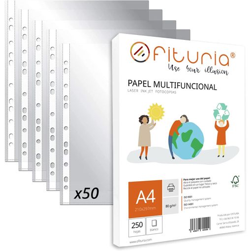 Paquete De Folios A4 + 50 Fundas Multitaladro De 80 Con 500 Hojas