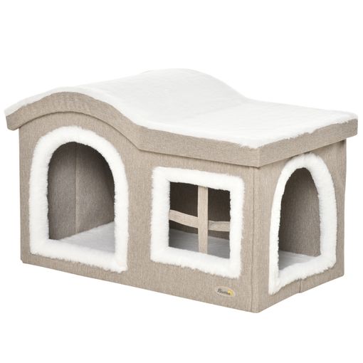 PawHut casa de madera y mueble arenero natural para gatos