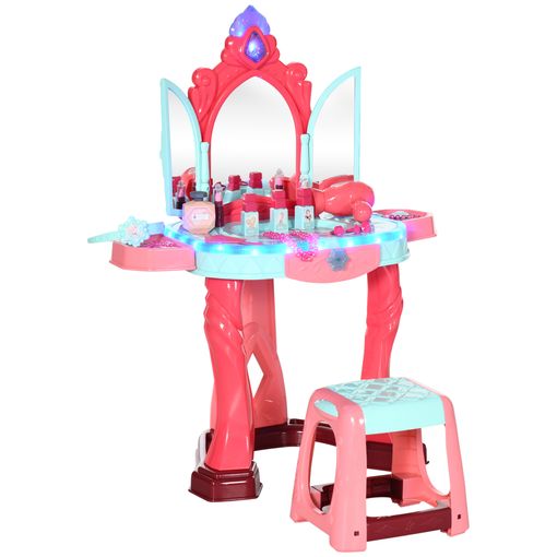 Juego de tocador y taburete rosa para niños de 3 a 8 años, mesa de