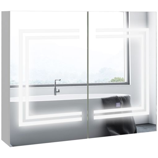 kleankin Armario de Baño con Espejo Mueble Colgante de Aseo con 4 Puertas y  3 Estantes Interiores 55x17,5x60 cm Blanco y Gris