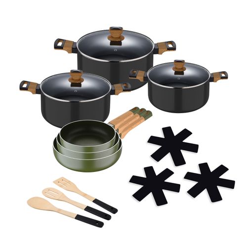 Batería Cocina Inducción 8 Piezas, Aluminio Fundido sin PFOA, Set Cazuelas  + Tapa Asas Silicona, Wecook, Negro, , WCOK-CHEF4B