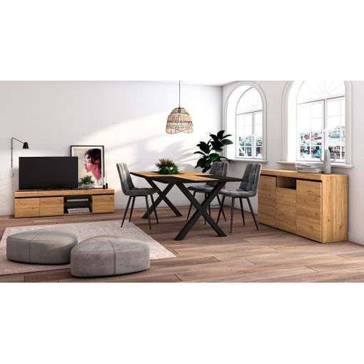 Skraut Home - Conjunto Muebles salón | Mesa 200 Bicolor Patas X 10  comensales | Mueble TV 160 | Aparador/Buffet 140 | Roble y Negro | Estilo