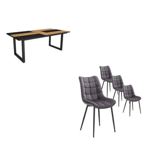 Conjunto Salón, Mesa de Comedor, 200, Roble y Borde Negro, Industrial, Mesa  Fija, Pack de 4 Sillas de Comedor, Silla Tapizada