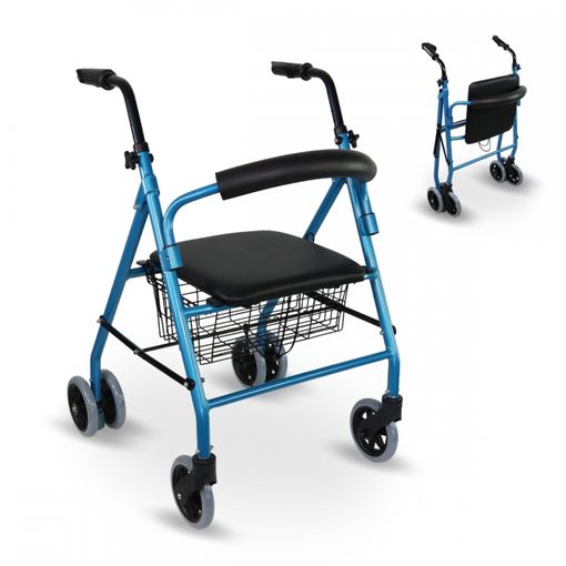 Andador Para Ancianos Mobiclinic Aluminio Ligero Y Plegable Frenos Con  Asiento Cesta Y 4 Ruedas Prado Azul con Ofertas en Carrefour