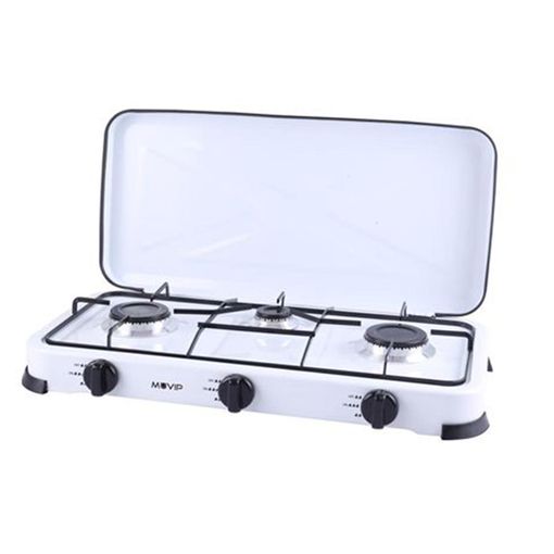 Cocina Gas Portátil Camping, 3 Quemadores, Rejilla Esmaltada, Tapa  Protectora, Normativa G30-37 mbar, MPM, Negro, , KN-03/1KB