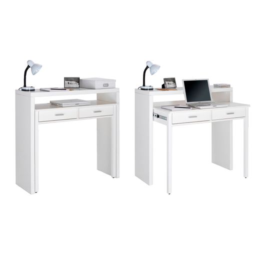 Mesa consola escritorio, mesa extensible, mesa para despacho, Blanco y  Roble