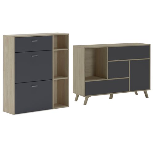 Set Wind, salón Comedor, Mueble Auxiliar, Buffet-Mueble tv100-Mesa centro,  Color estructura Roble puertas y cajones Gris