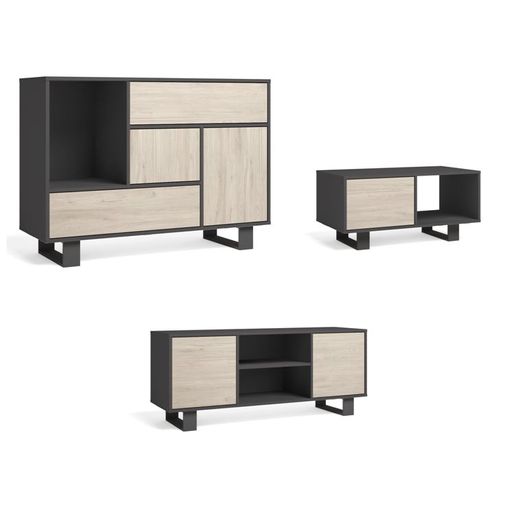 Set Wind, Conjunto de muebles de Salón/Comedor compuesto por 1 Buffet,  1Mueble TV140 y 1 Mesa de Centro, Color Gris/Roble, Patas Negras, Mueble  Auxiliar.