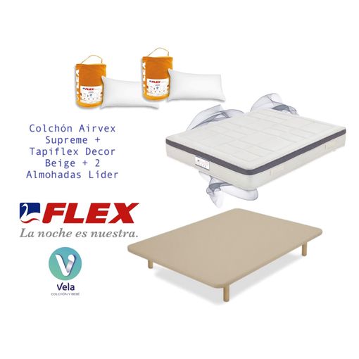 Pack Colchon Flex Airvex Supreme 150x190 + Base Tapizada Beige con patas +  2 Almohadas Lider, Colchones - Fundas, Los mejores precios