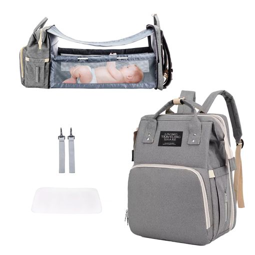 Pañalera Multifuncional Bolso Bebe Cambiador Plegable Gris + Usb