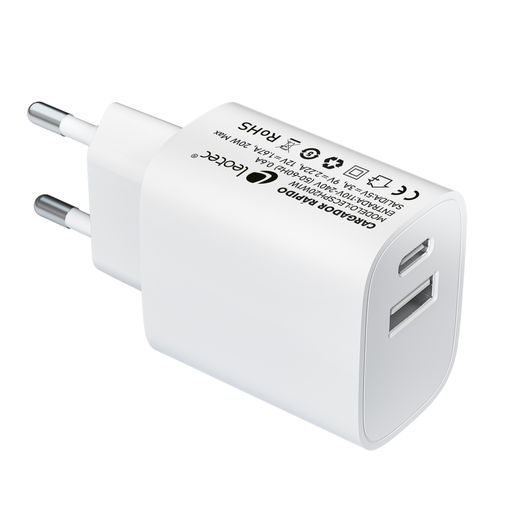 TooQ Cargador de Pared USB-C/PD + USB-A/QC 20W, Blanco