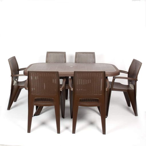 Conjunto Mesa Caribe Rectangular + 6 Sillas Caribe De Resina - Crevicosta. Chocolate
