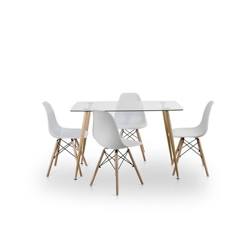 Pack Mesa de comedor extensible y 4 sillas blanco y patas madera de estilo  nórdico.