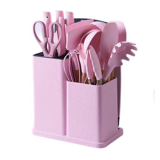 Set Utensilios Cocina Silicón Y Mango De Madera 12 Pzs Rosa