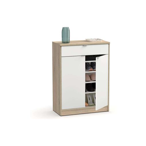 Mueble zapatero 4 puertas color roble/blanco, 106 x 22 x 115 cm