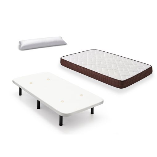 Cama Completa - Colchón Viscobrown Doble Capa Viscosoft, Altura 15 Cm + Base Tapizada Blanca Con Patas De 25 Cm + Almohada De Fibra, 90x190 Cm