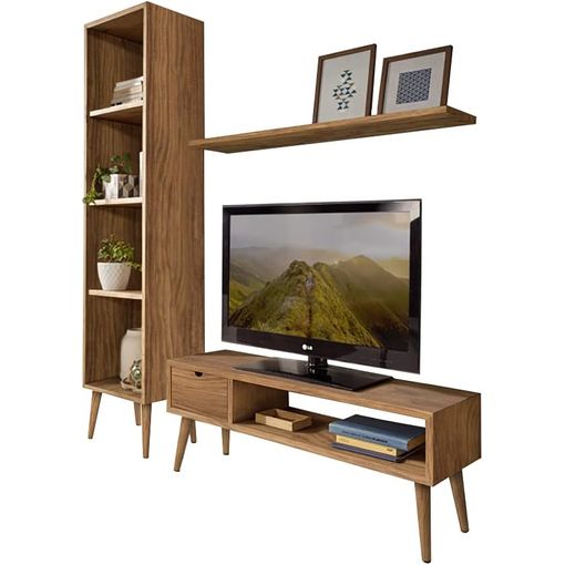 Mueble tv salón vintage cajón y estante madera maciza natural