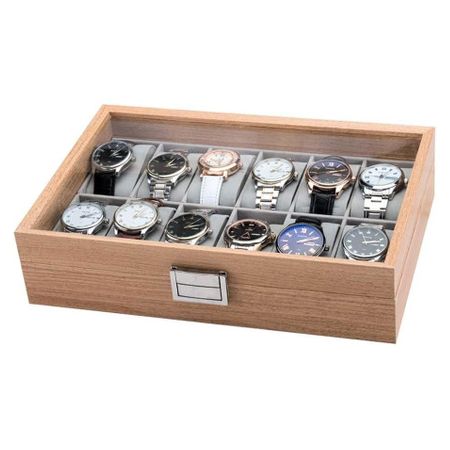 GUKA Caja de reloj, caja de reloj de 12 ranuras con tapa grande de cristal  real, organizador de relojes con almohada extraíble para reloj, pantalla de