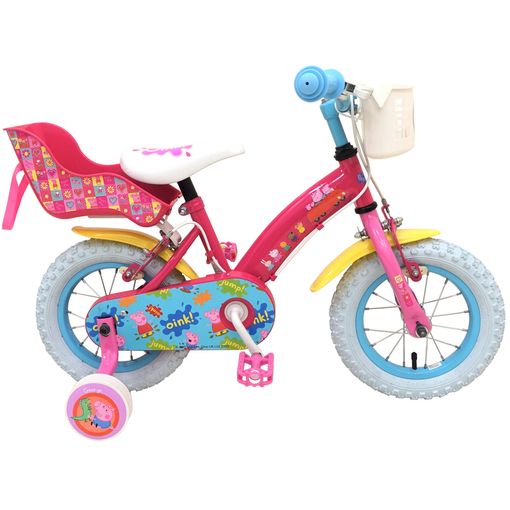 Bicicleta Infantil Para Niñas Y Niños Peppa Pig 12 Pulgadas De 3 A 5 Años Color Rosa Y Azul Con Cesta, Ruedines Y Porta Muñecas